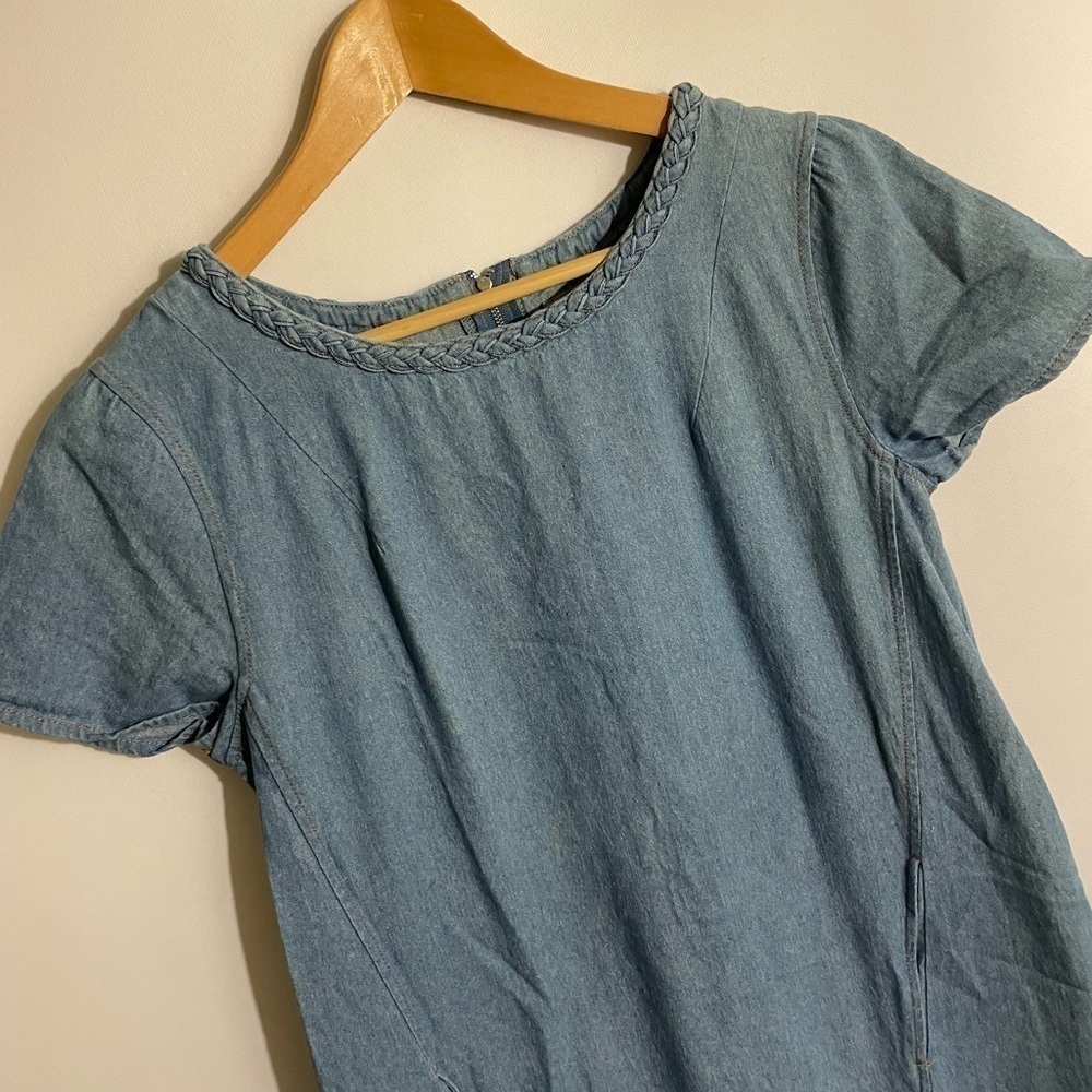 Anthropologie Holding Horses Blue Chambray Denim Shift Dress Sz M Braided Neck - Picture 2 of 7